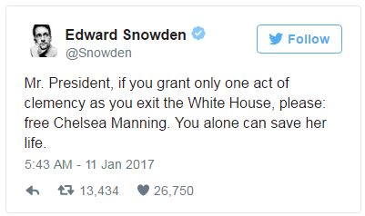 Mr. President, if you grant only one act of clemency as you exit the white house, please free Chelsea Manning. You alone can save her life.